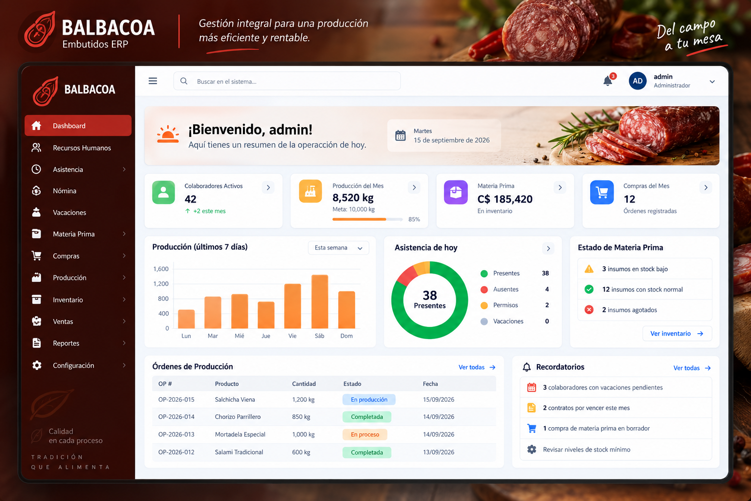 Balbacoa ERP - dashboard anonimizado